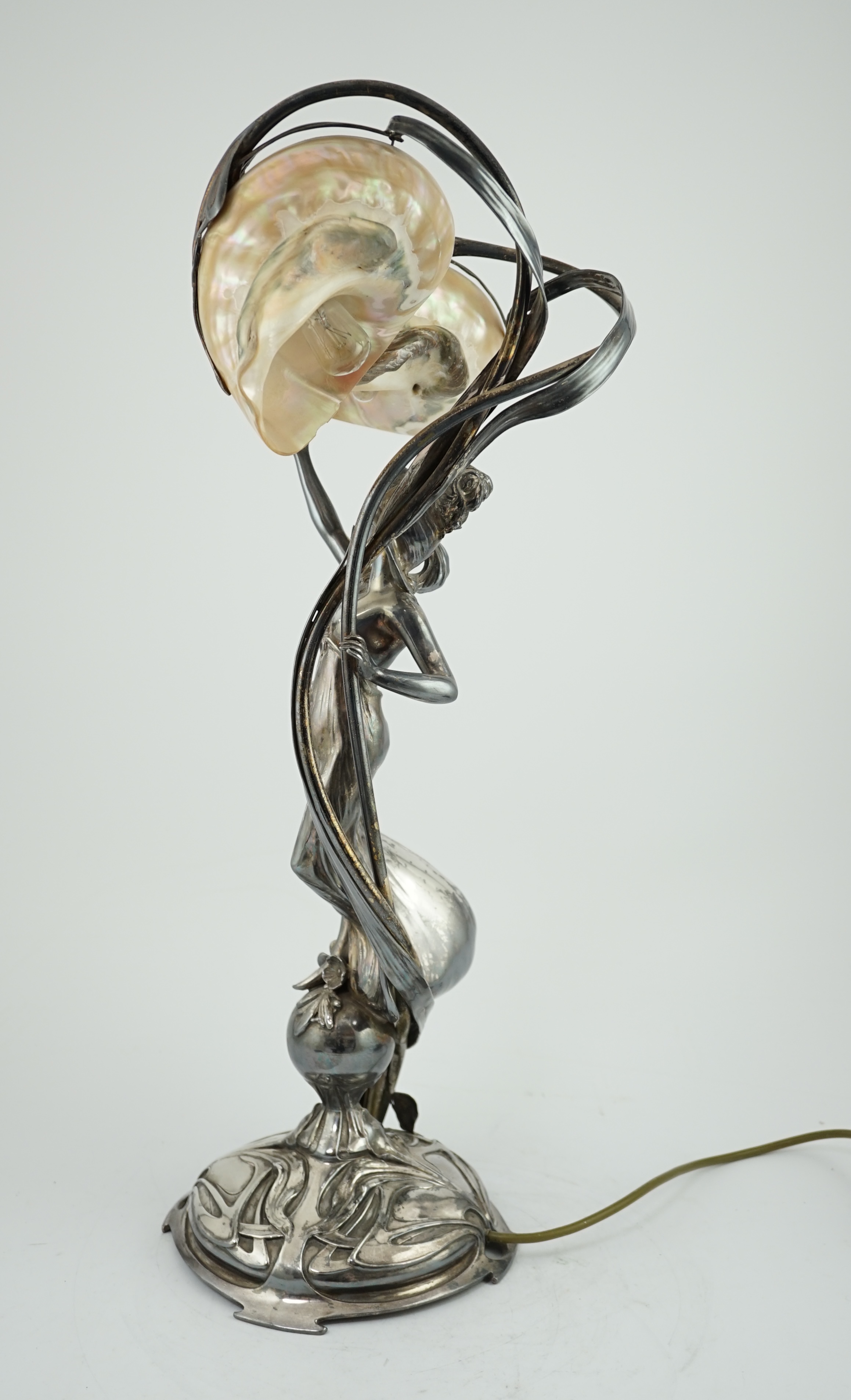 An impressive Art Nouveau electroplate shell mounted figural table lamp, by Moritz Hacker, c.1900